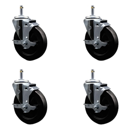 Service Caster 5'' Hard Rubber Wheel Swivel 7/16'' Grip Ring Stem Caster Set with Brake, 4PK SCC-GR20S514-HRS-TLB-716138-4